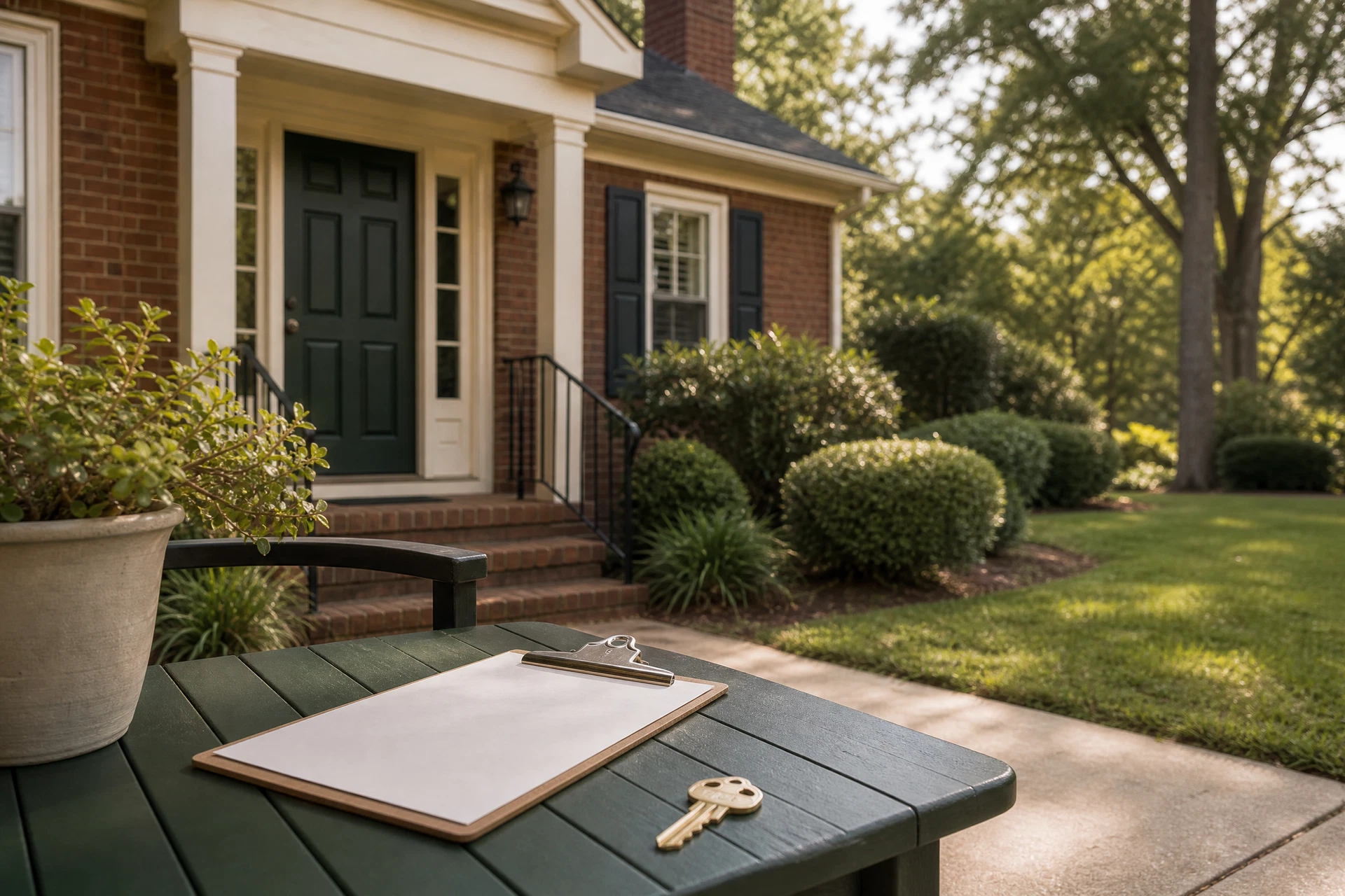 Property manager reviewing an inspection checklist and key at a rental home