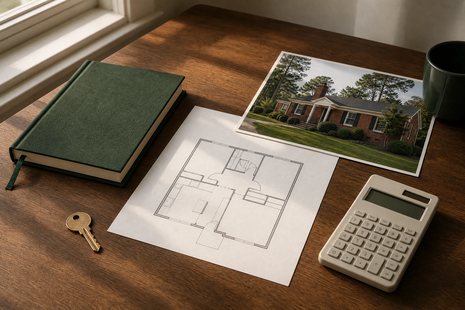 Rental floor plan, key, notebook, and calculator arranged for a portfolio review